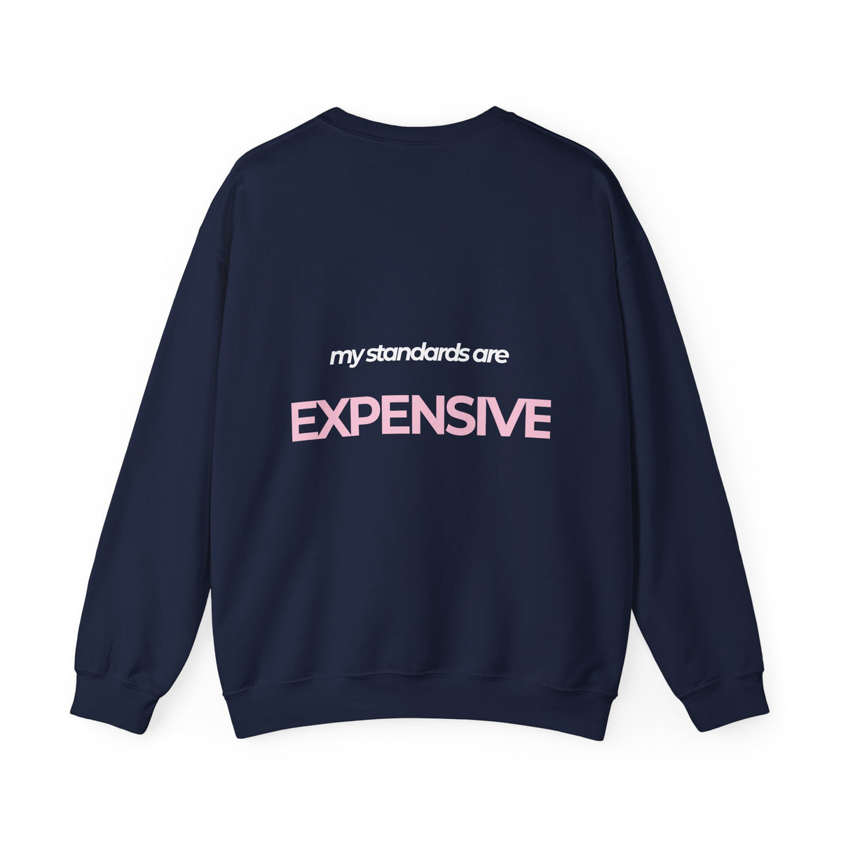 Oversized navy crewneck sweatshirt with a pink and white My Standards Are Expensive back print
