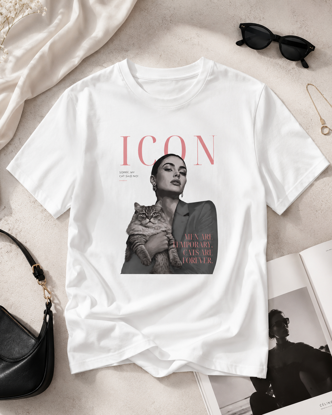 Men Are Temporary Cats Are Forever Editorial Front Print Tee