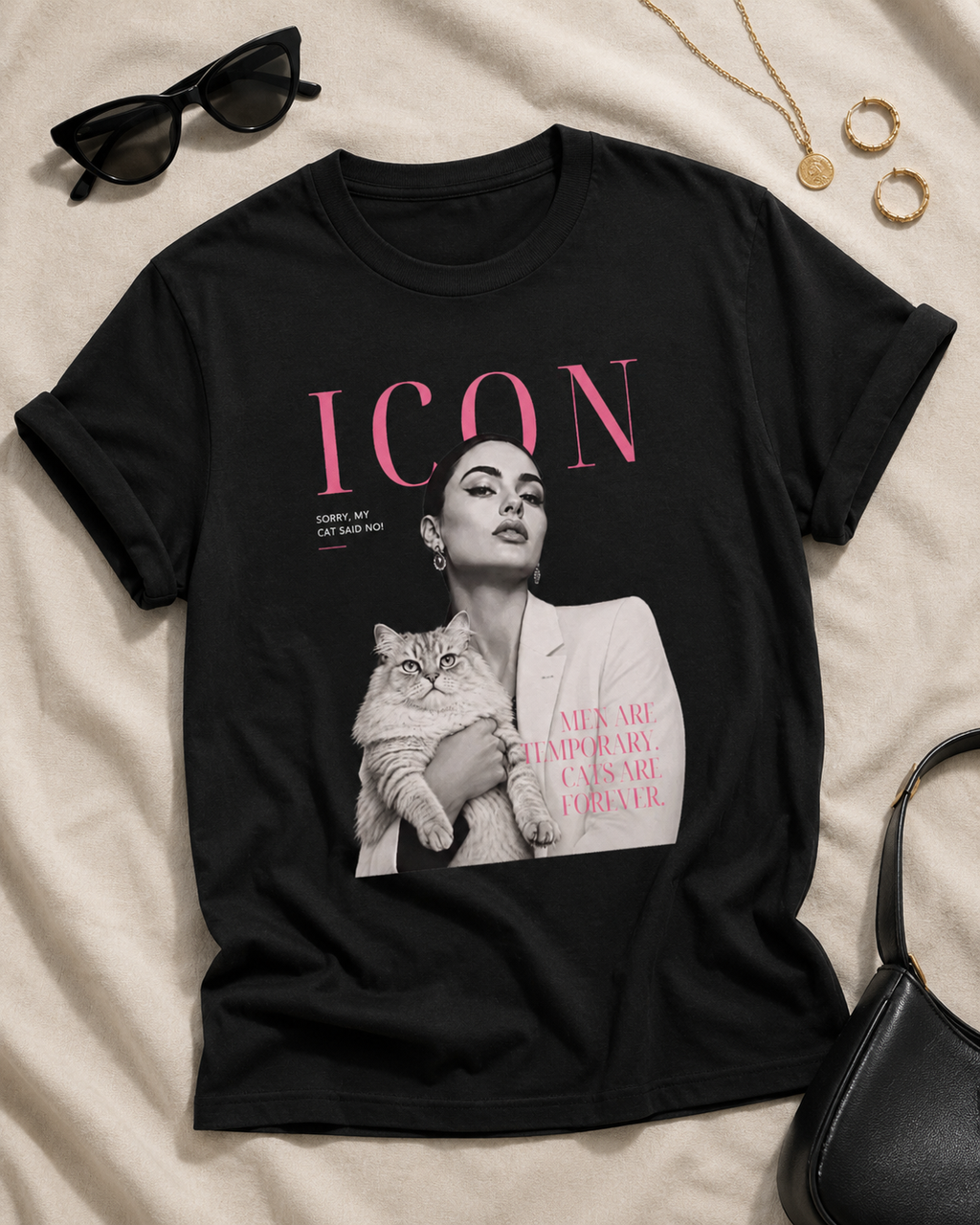 Men Are Temporary Cats Are Forever Editorial Front Print Tee