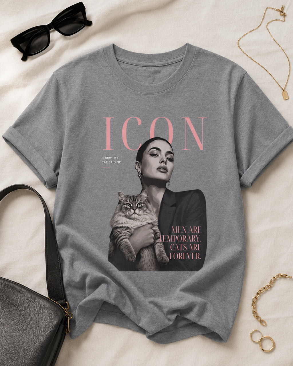 Men Are Temporary Cats Are Forever Editorial Front Print Tee