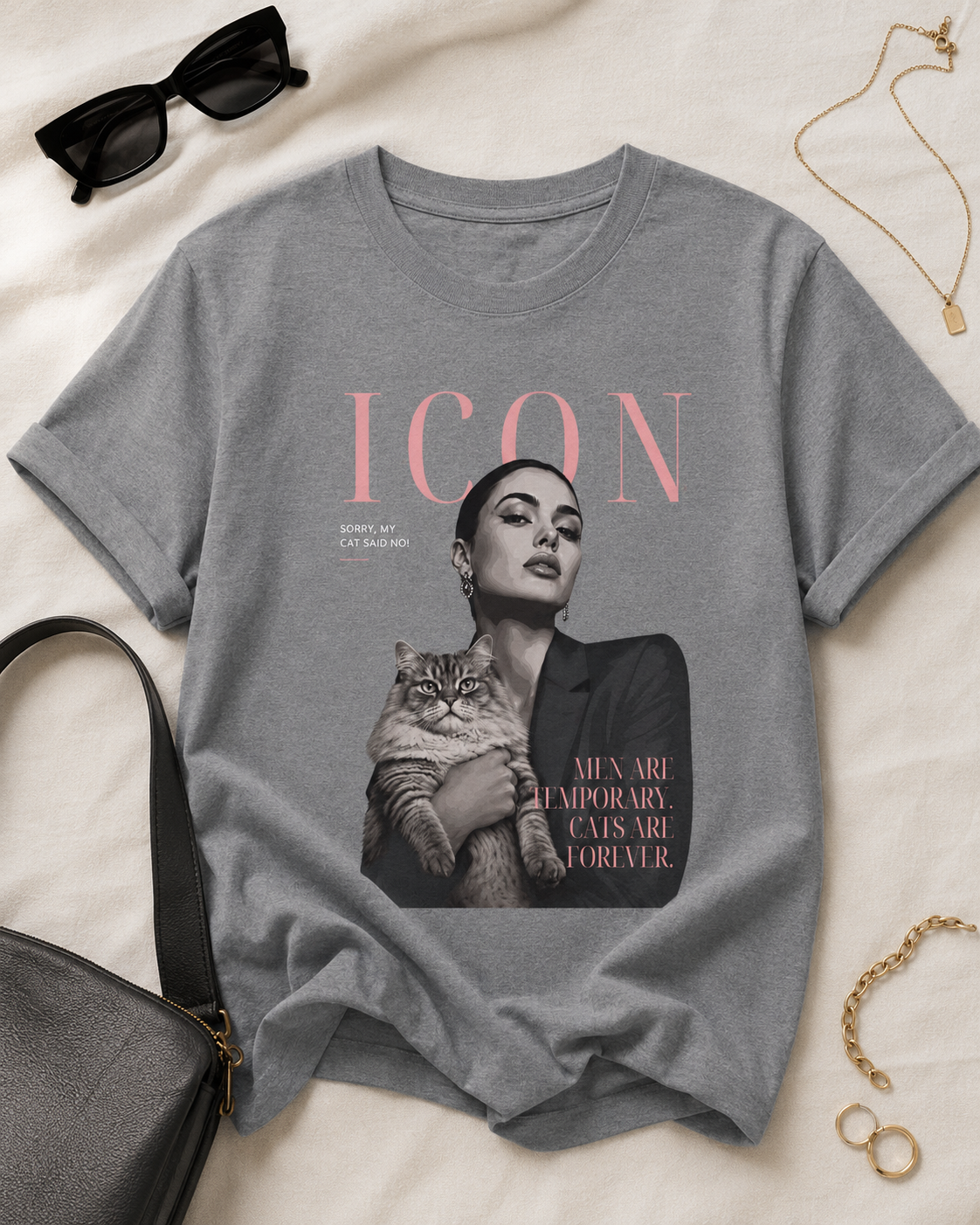 Men Are Temporary Cats Are Forever Editorial Front Print Tee