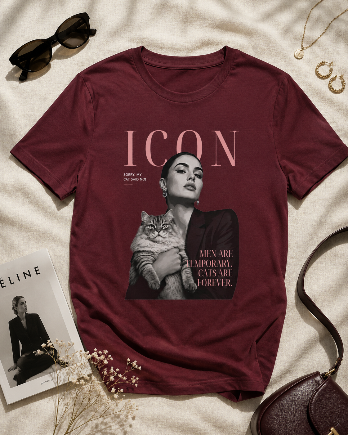 Men Are Temporary Cats Are Forever Editorial Front Print Tee