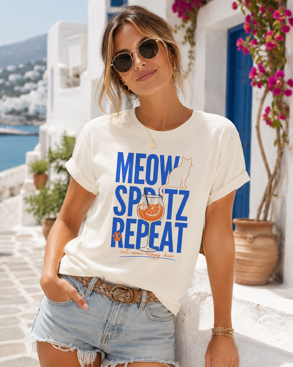 Meow Spritz Repeat Organic Cat Mom T Shirt