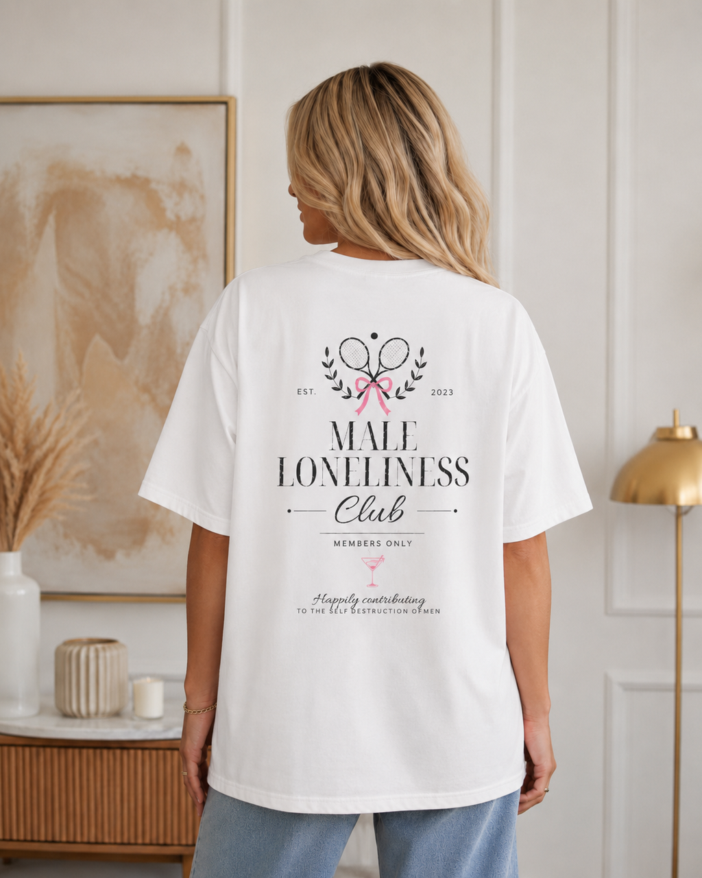 Male Loneliness Club Back Print Shirt, Funny Feminist Tennis Club Tee, White Oversized T-Shirt