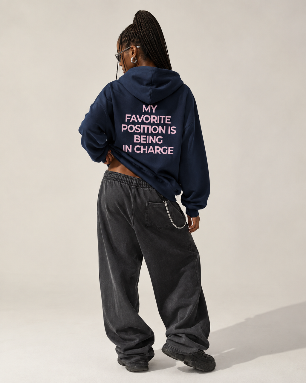 Navy feminist hoodie with pink My Favorite Position Is Being in Charge back print
