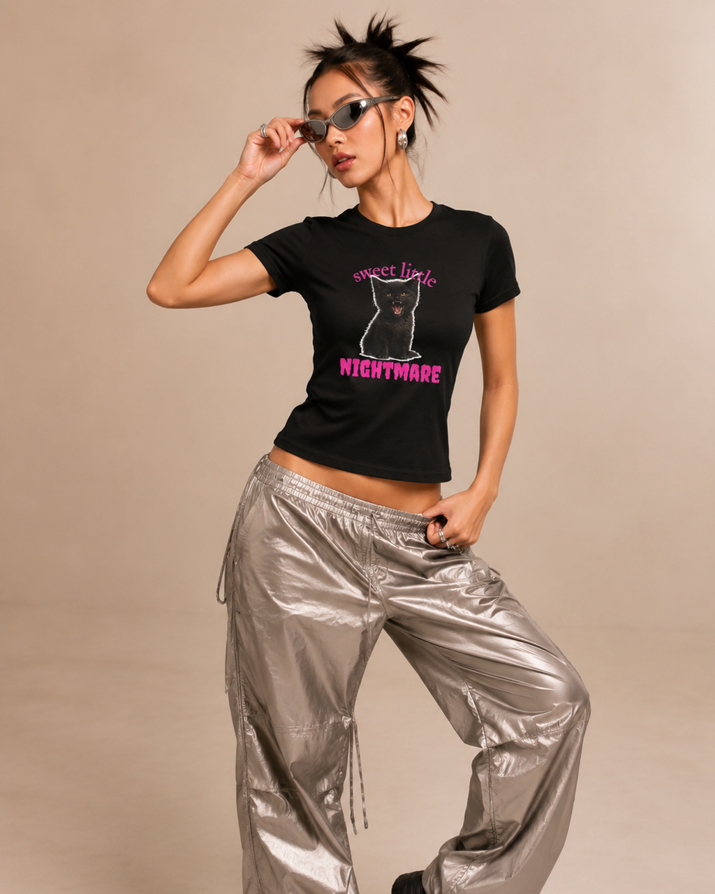 Black fitted Sweet Little Nightmare cat graphic T-shirt with pink lettering