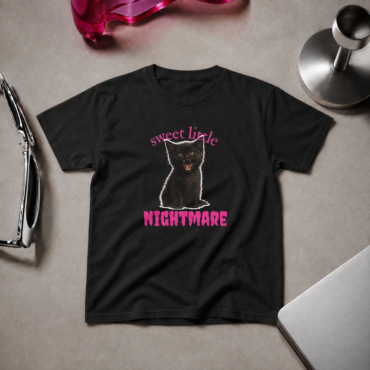 Black Sweet Little Nightmare fitted cat T-shirt displayed as a flat lay