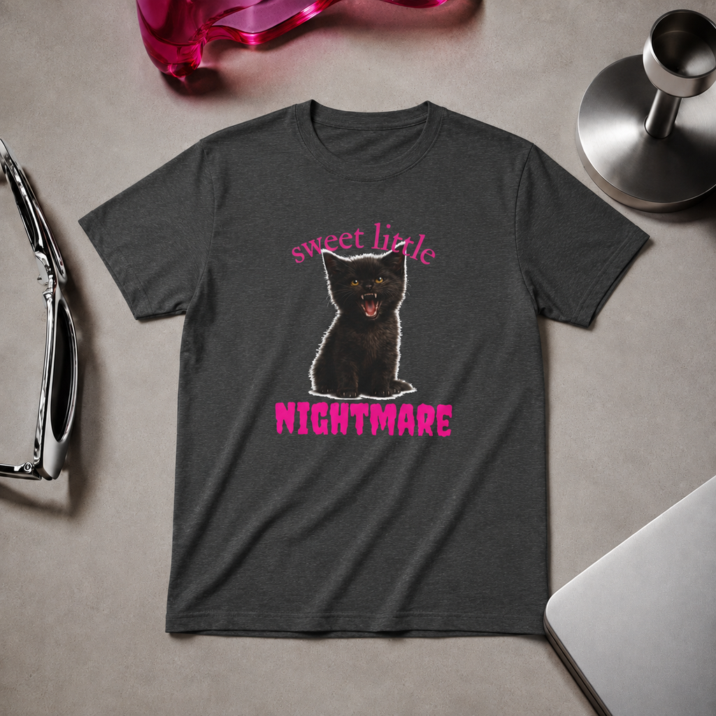 Black Sweet Little Nightmare fitted cat T-shirt displayed as a flat lay