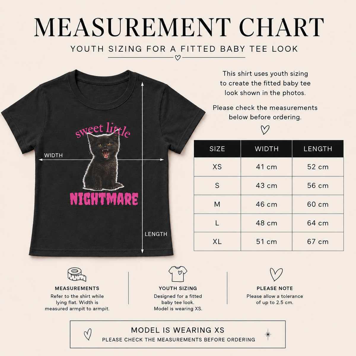 Size chart for the Sweet Little Nightmare youth fit graphic T-shirt