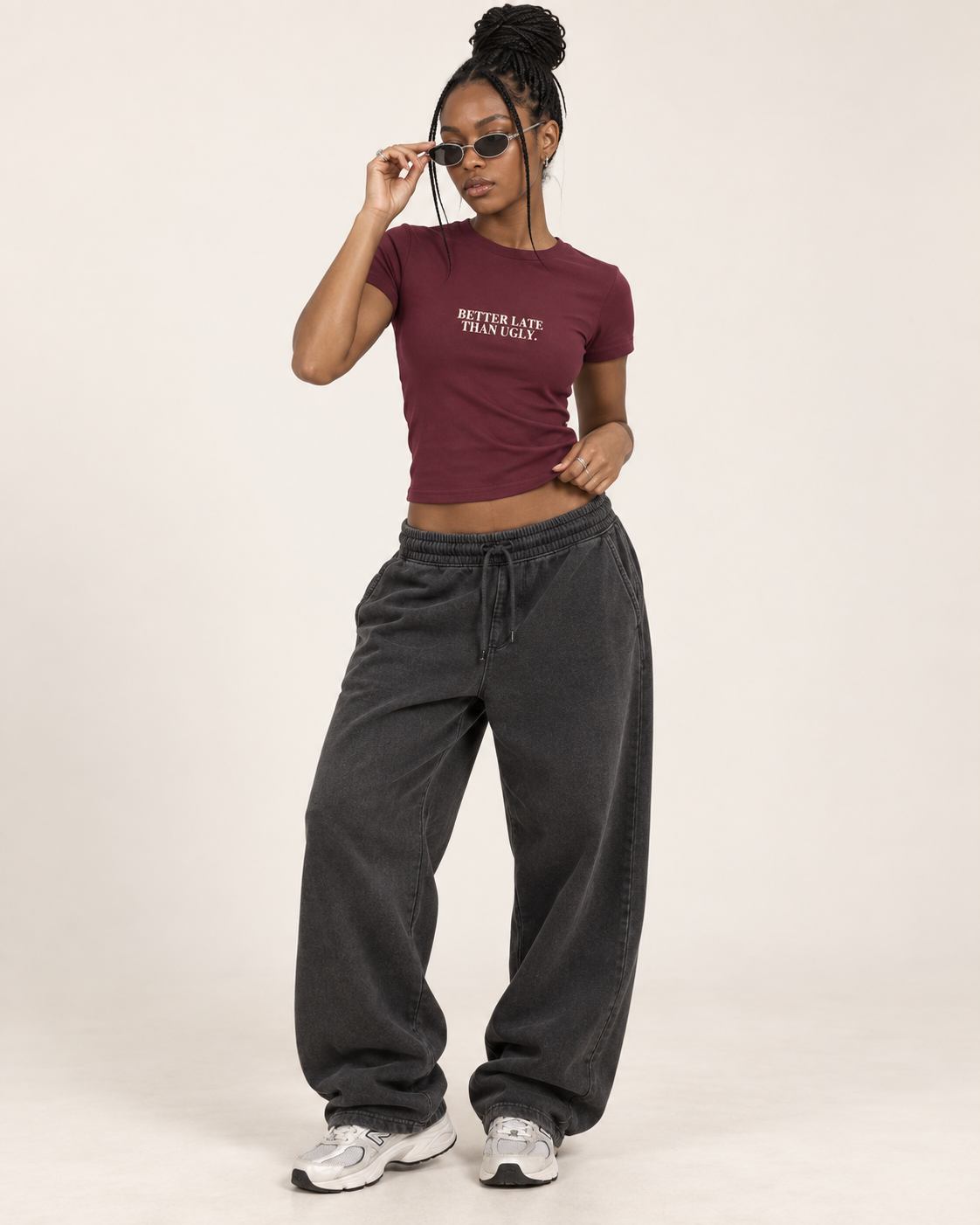 Better Late Than Ugly fitted graphic tee in maroon