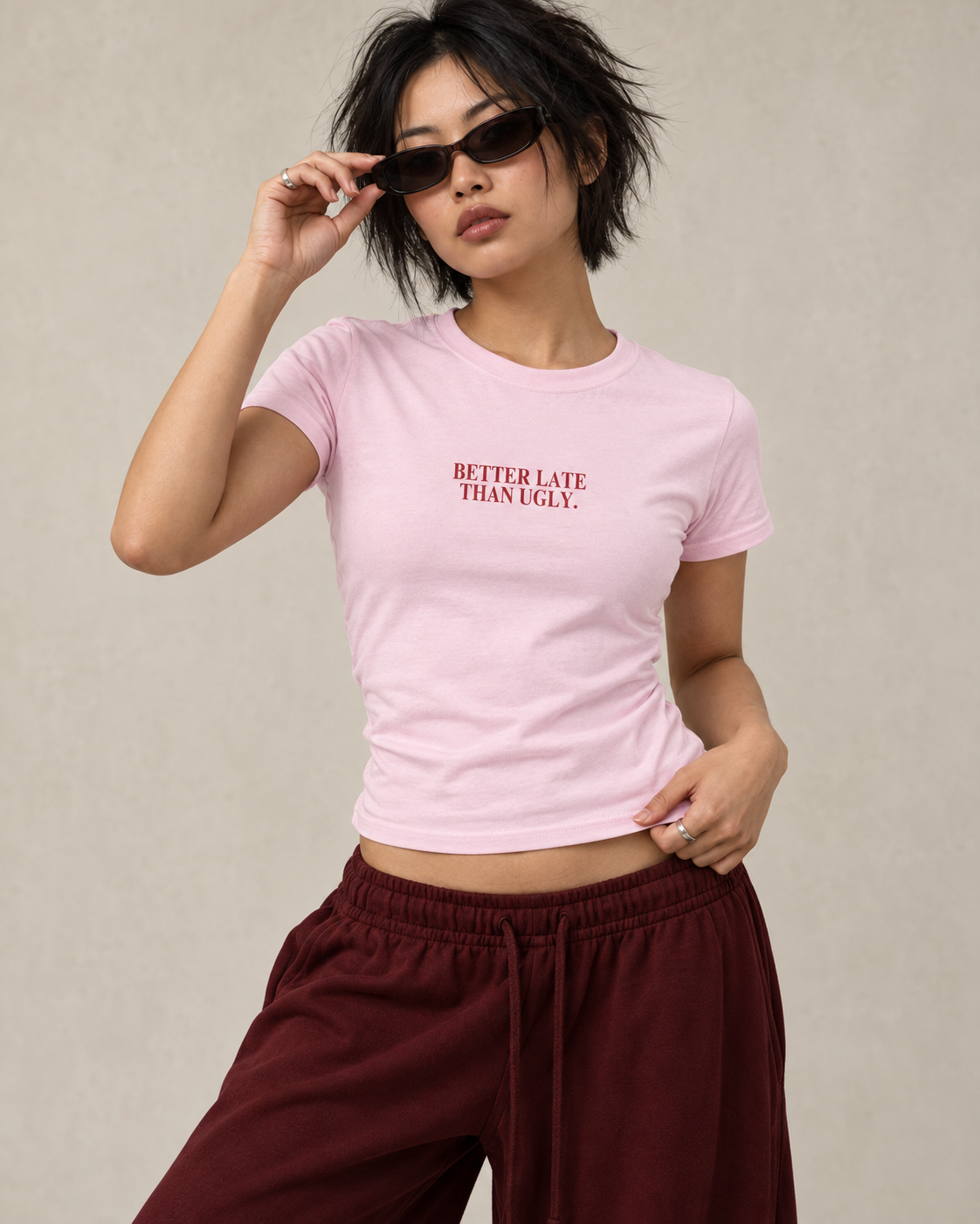 Better Late Than Ugly fitted graphic tee in light pink