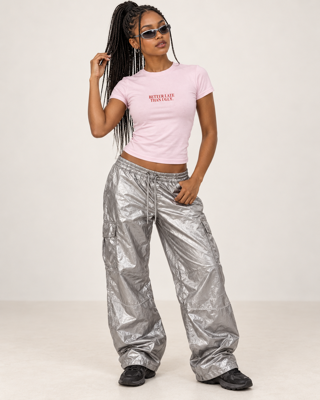 Better Late Than Ugly fitted graphic tee in light pink