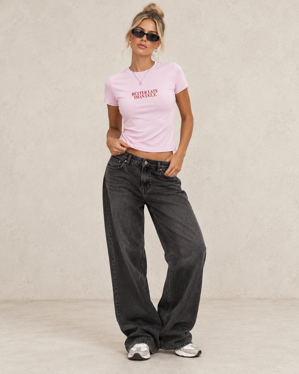 Better Late Than Ugly fitted graphic tee in light pink