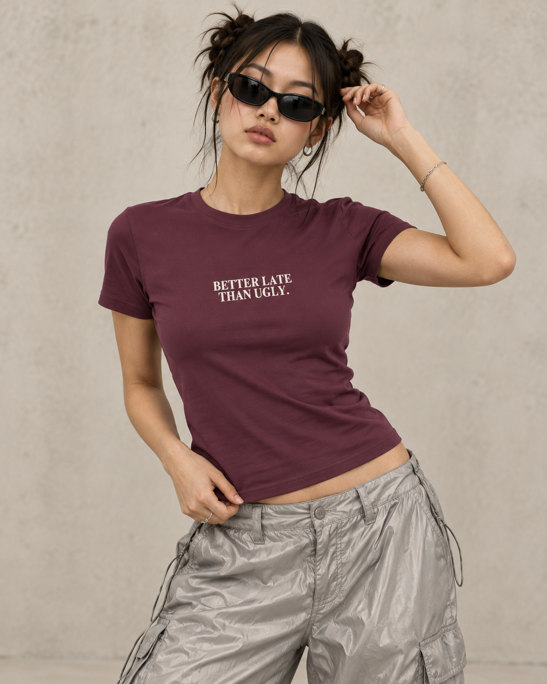 Better Late Than Ugly fitted graphic tee in maroon