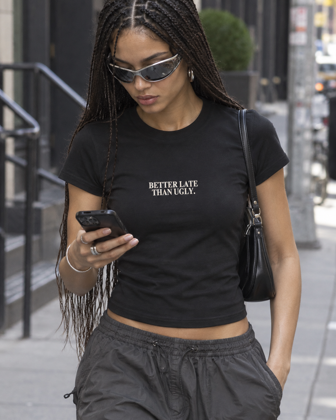 Better Late Than Ugly fitted graphic tee in black