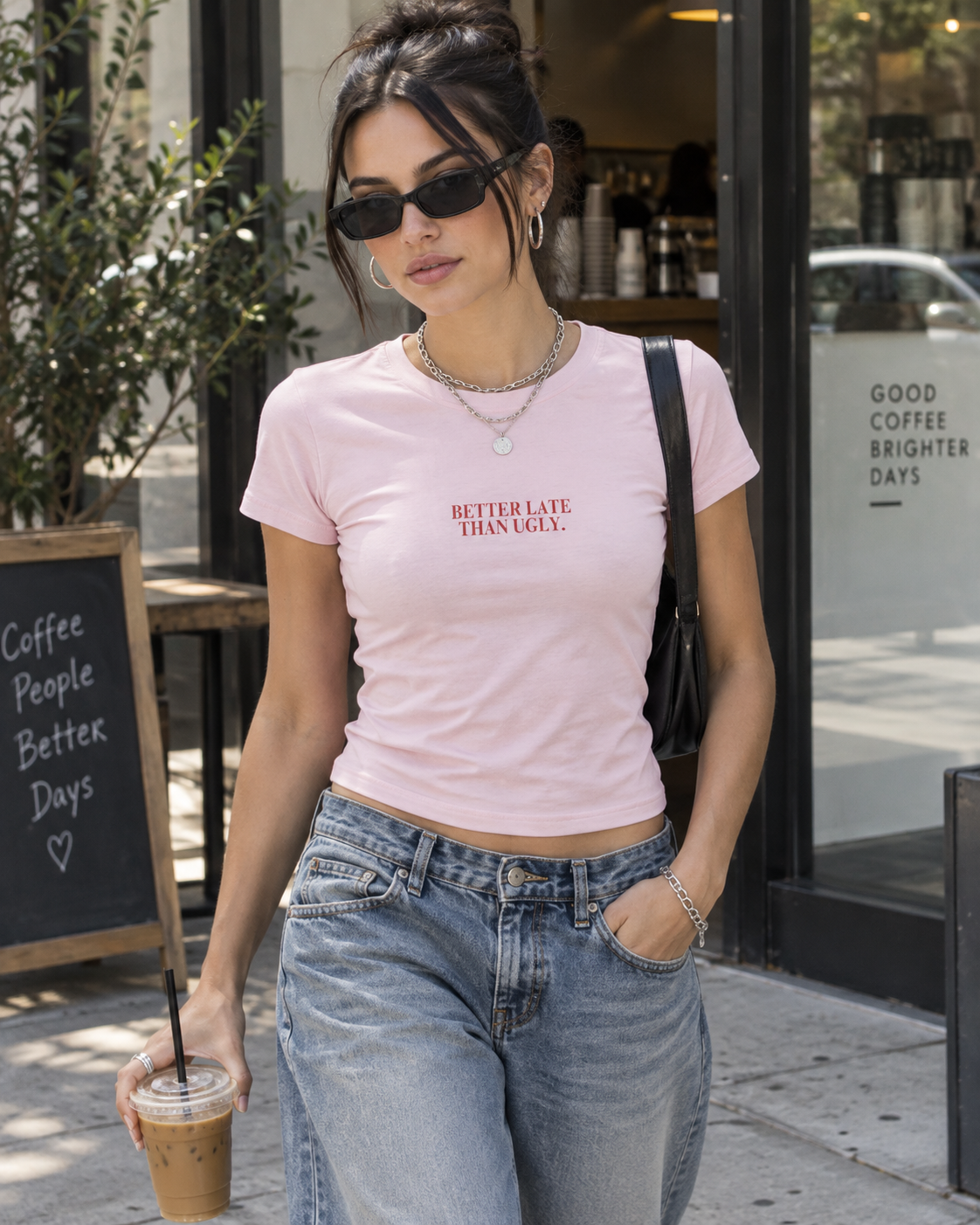 Better Late Than Ugly fitted graphic tee in light pink