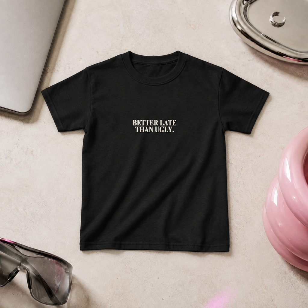 Better Late Than Ugly fitted graphic tee in black