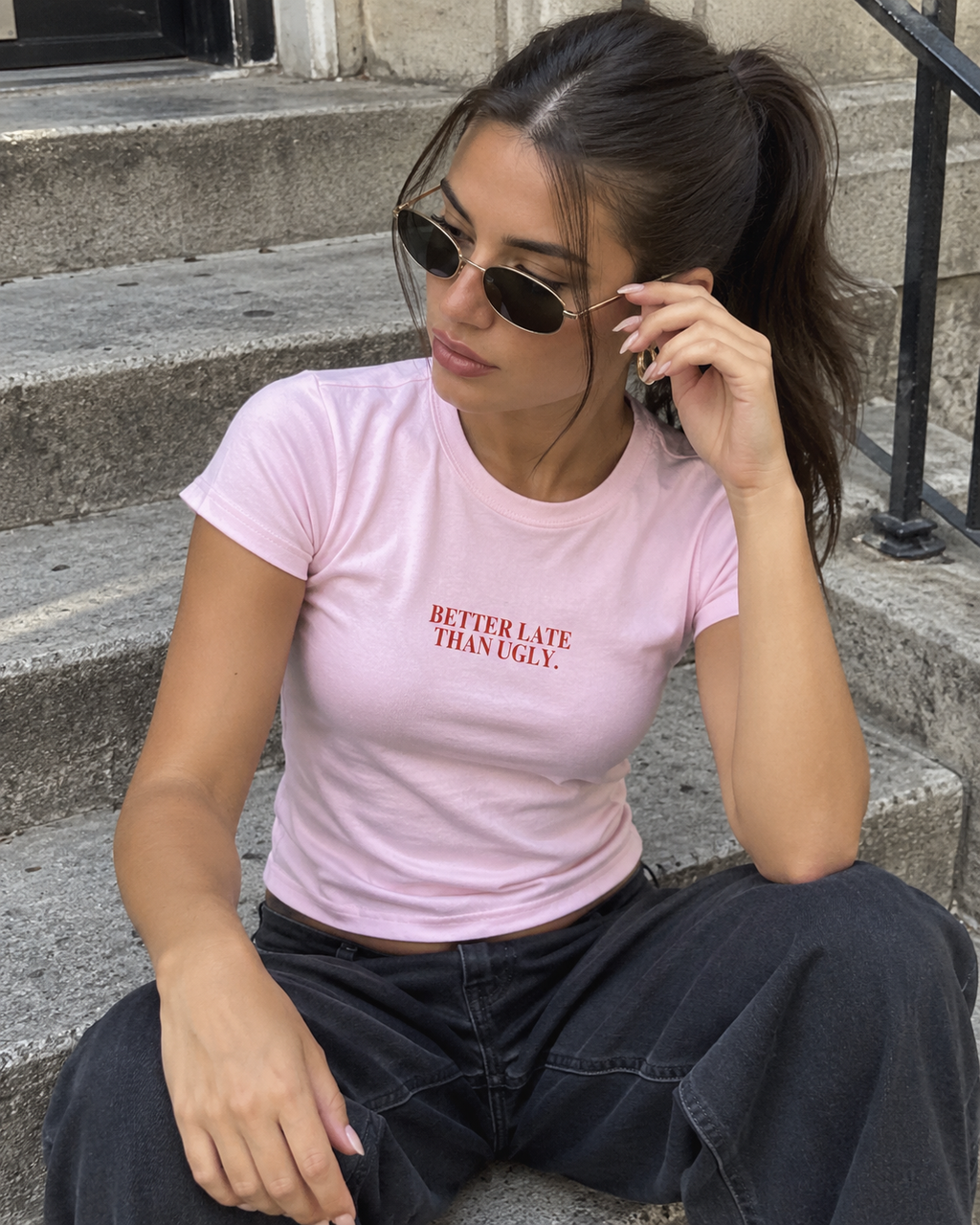 Better Late Than Ugly fitted graphic tee in light pink