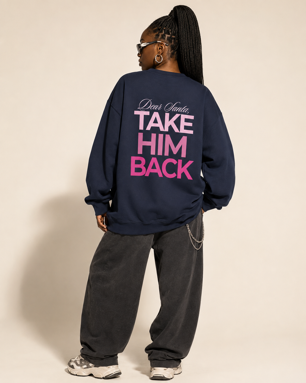 Model wearing a navy Christmas breakup sweatshirt with Dear Santa Take Him Back back print