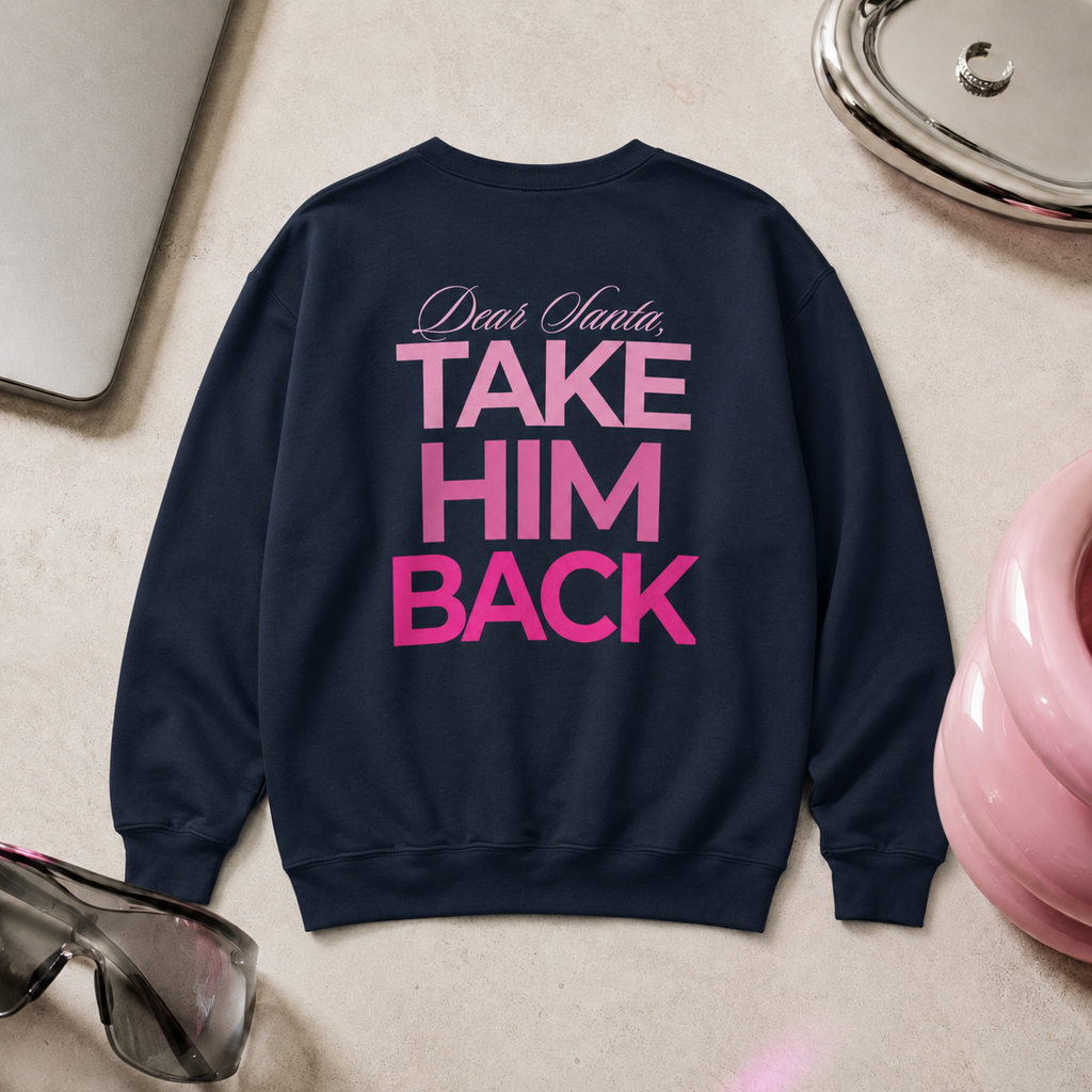 Navy Christmas breakup sweatshirt displayed as a flat lay