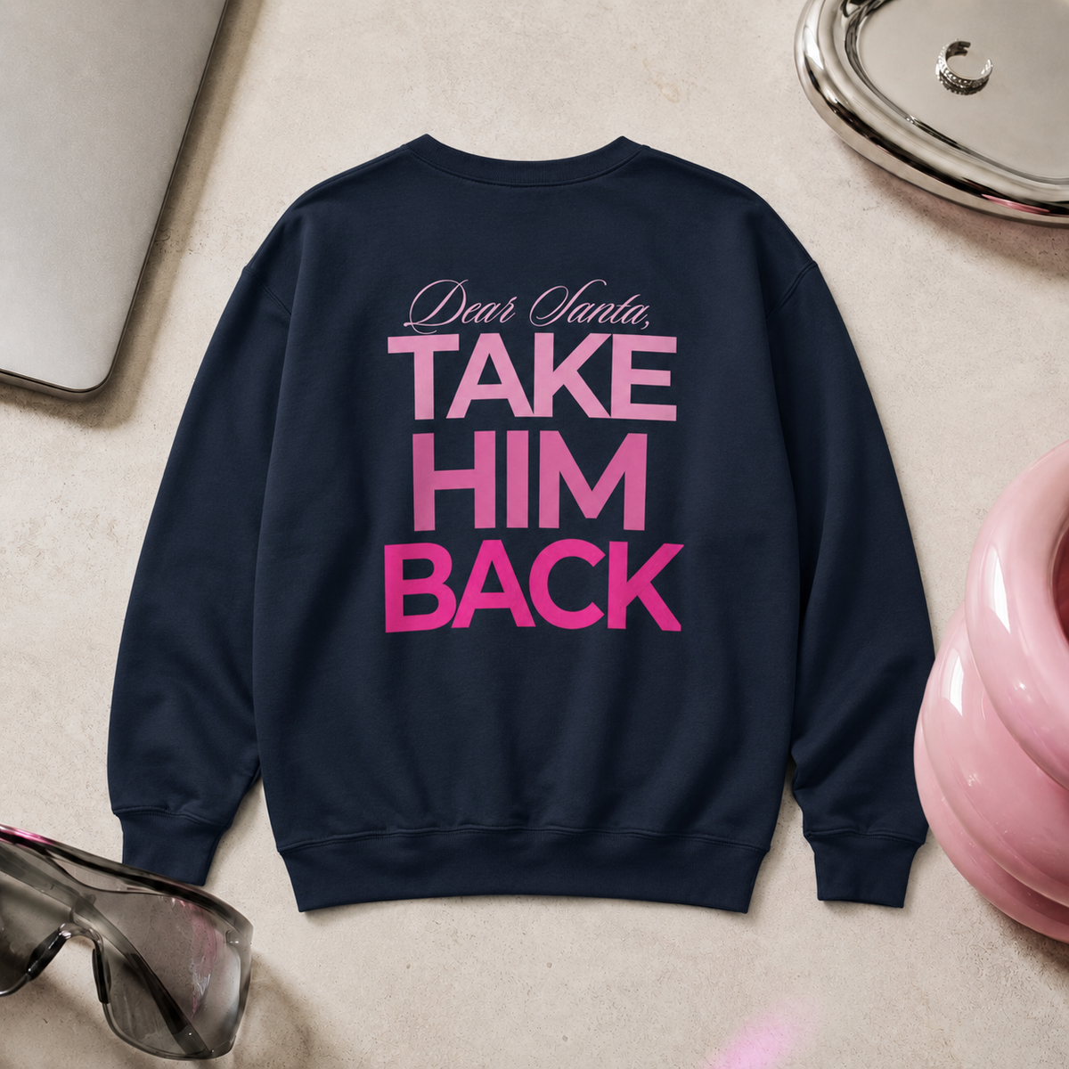 Navy Christmas breakup sweatshirt displayed as a flat lay