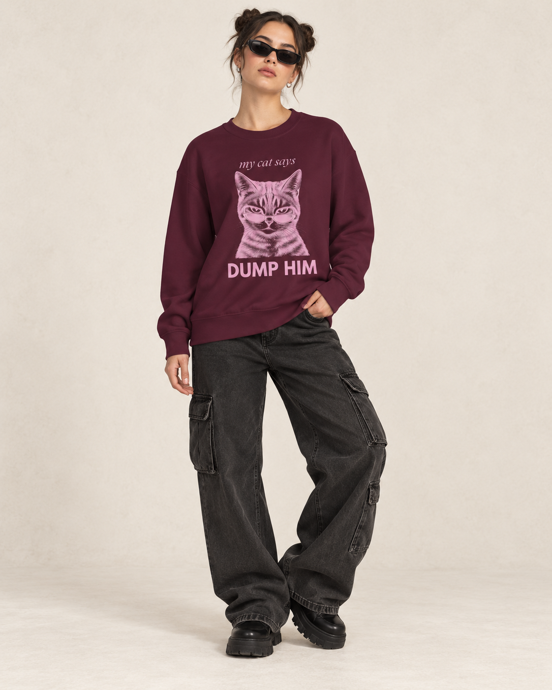Maroon My Cat Says Dump Him sweatshirt styled with black trousers