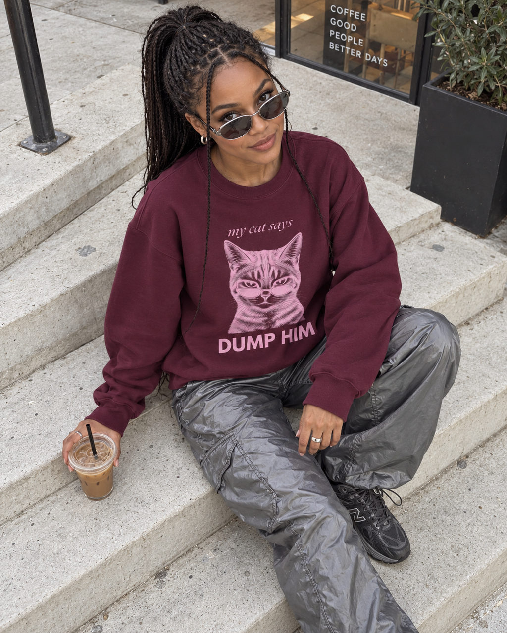 Maroon My Cat Says Dump Him sweatshirt with tonal pink cat graphic