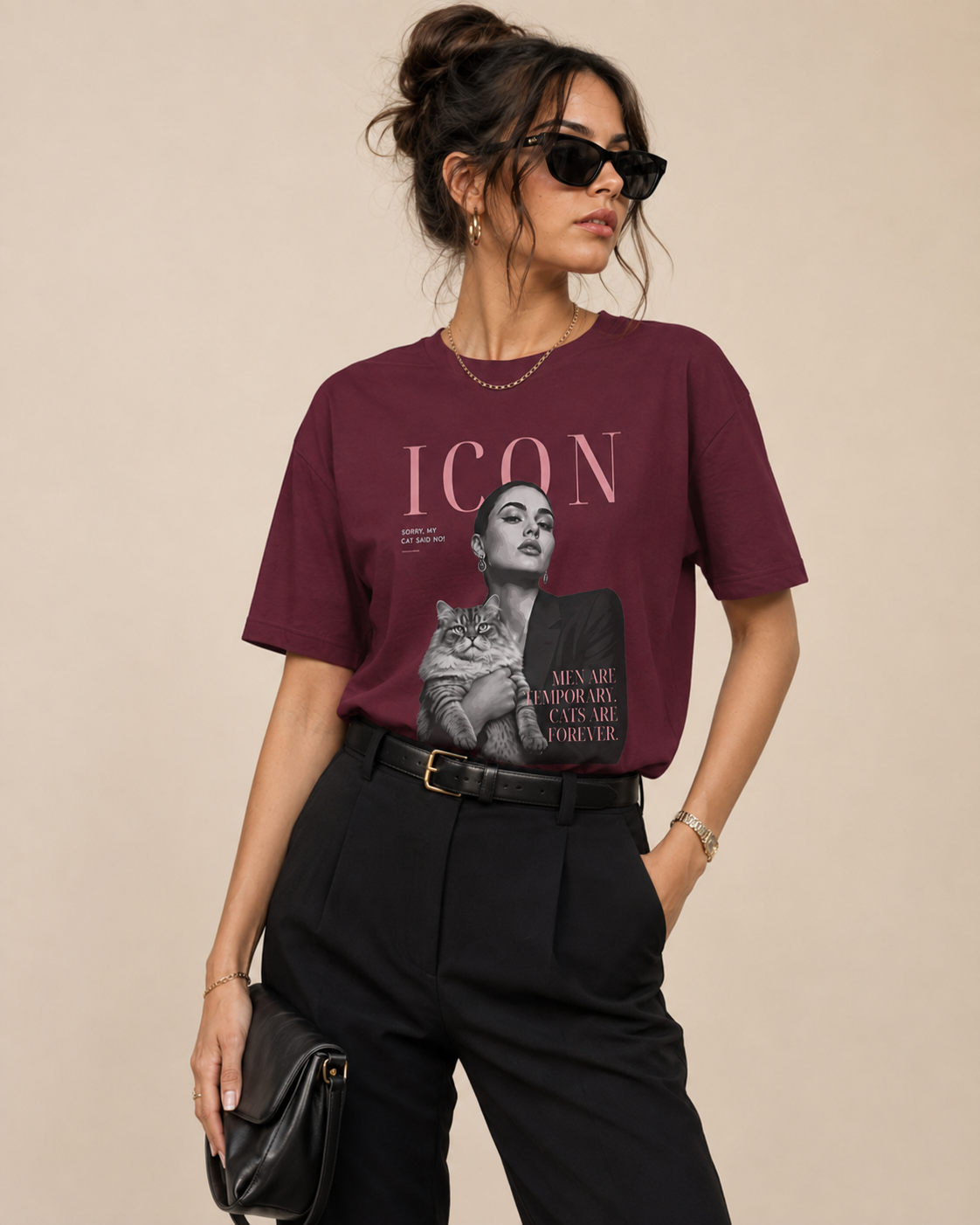 Men Are Temporary Cats Are Forever Editorial Front Print Tee